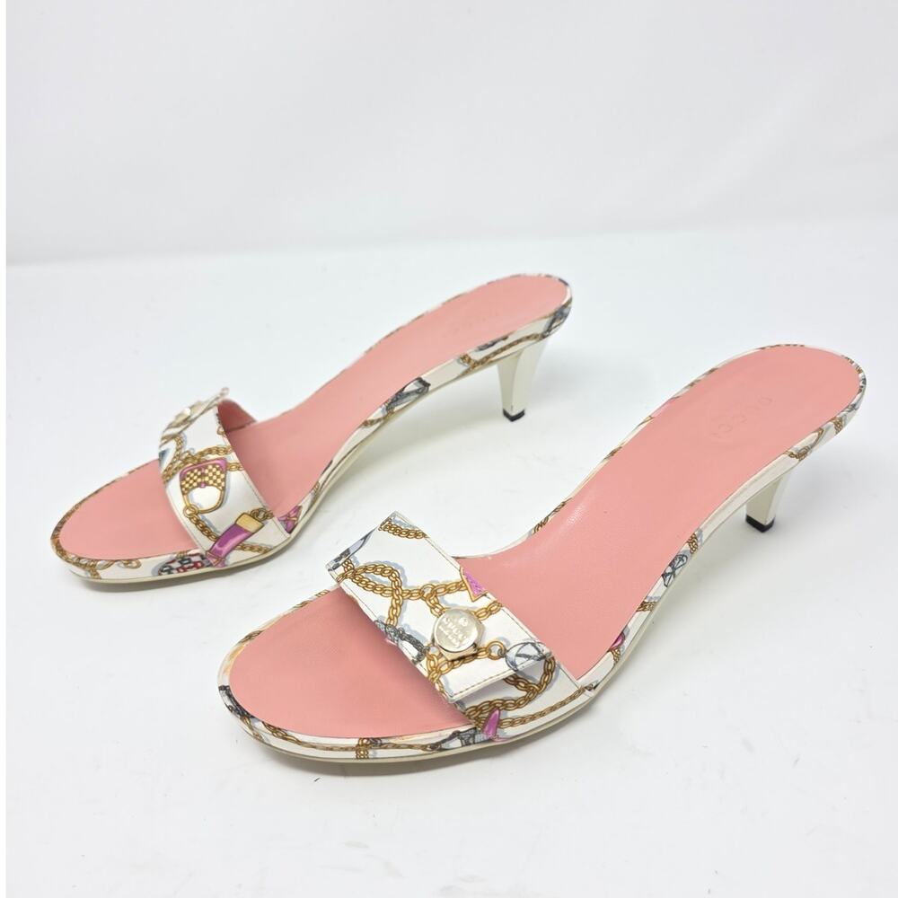 Gucci Vintage Kitten Heel Mules Logo Techno Charms Heels Multicolor 9.5
